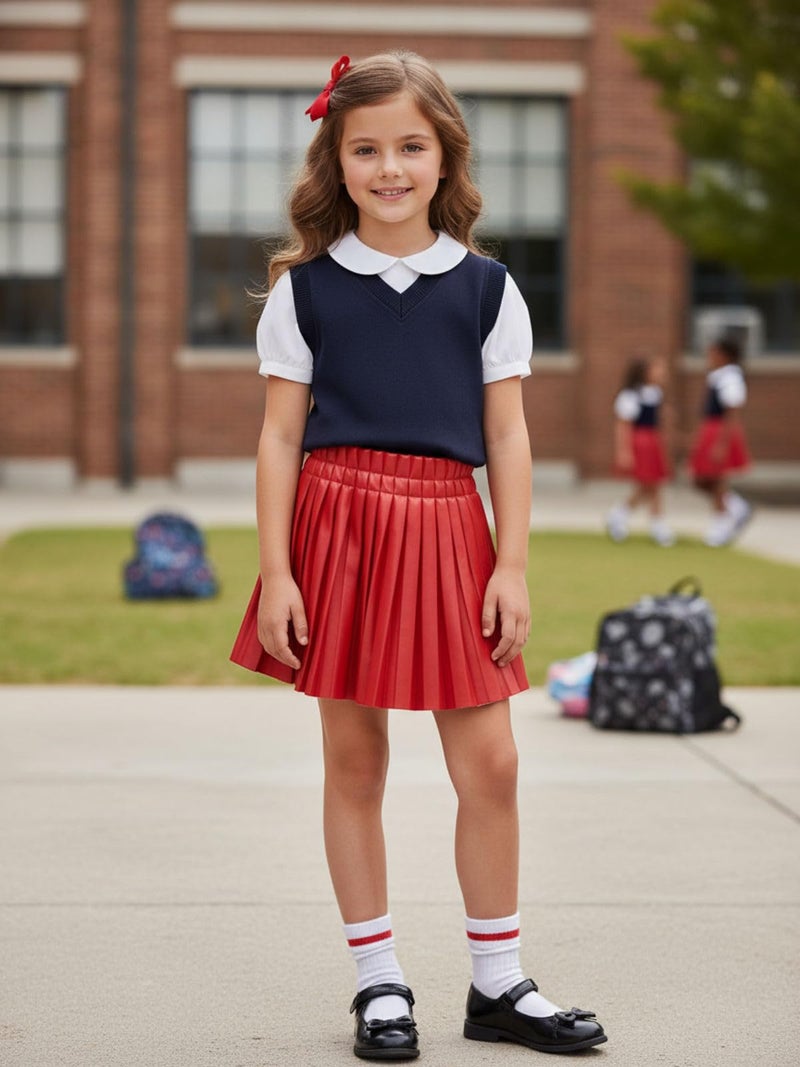 WELAKEN Pu Leather Skirts for Girls Kids & Teen & Toddler & Women Faux Leather Pleated Skirts,Red,6-7 Years - Image 3